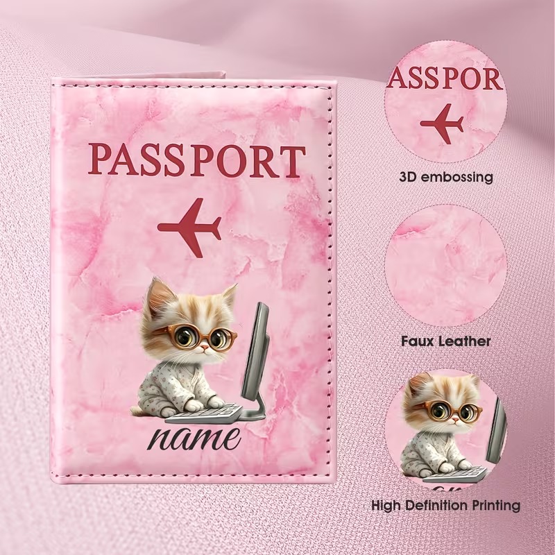 Laptop Accessories Name - カスタムネーム/テキスト入りPUパスポートホルダー、旅行に最適、カスタム猫とラップトップのデザイン、カードスロットと書類収納付き